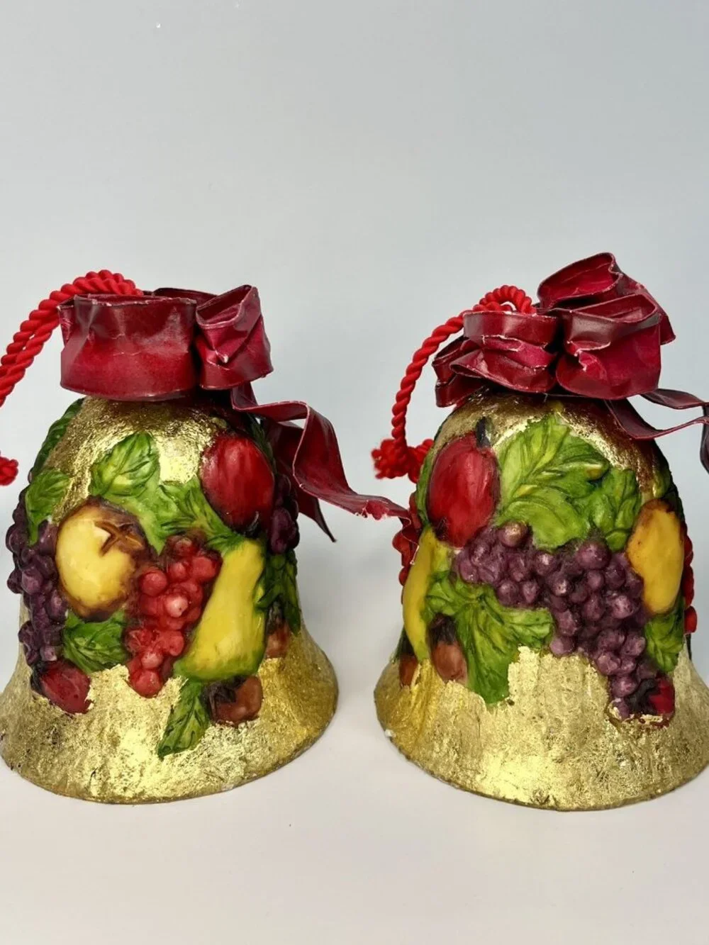 Dept 56 Gold Foil Bells RaisedFruit Design OrnamentWired Ribbon HTF Set Of 4